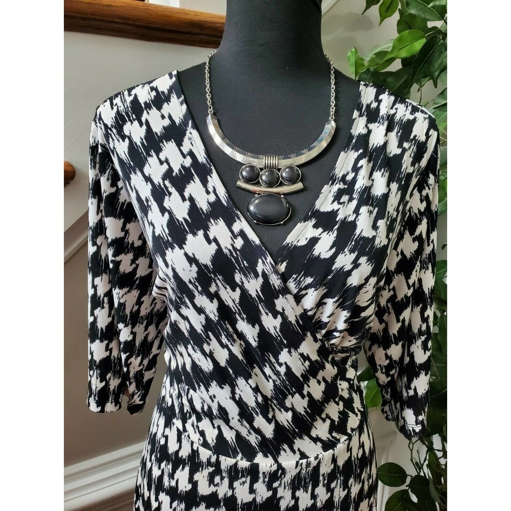 Studio One Women Black & White Polyester V-Neck Long Sleeve Knee Length Dress 14 - Picture 2 of 12